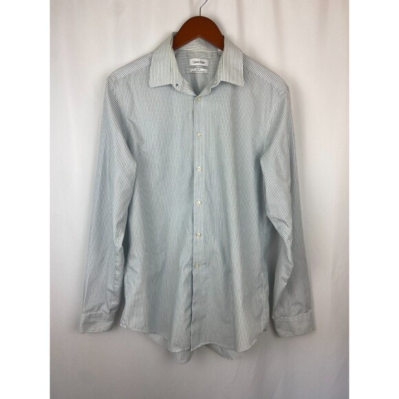 Calvin Klein Mens Button-Down Dress Shirt 16 34/35 Stripe Blue Slim Fit Non-Iron - Picture 1 of 10